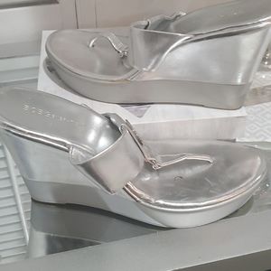 BCBG Silver Thong  Wedge sandle-  Gently worn